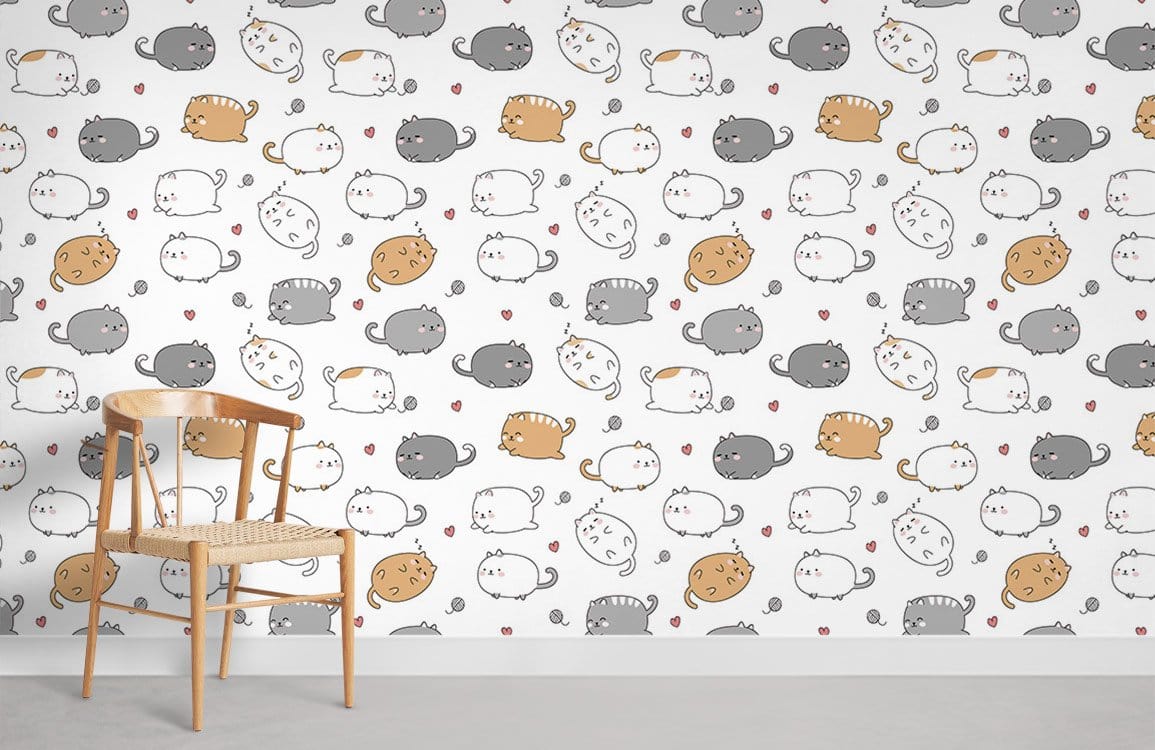 Playful Cat Pattern Children's Mural Wallpaper in living room