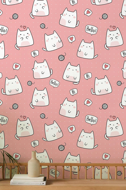 Cute Cat Pink Whimsical Mural Wallpaper