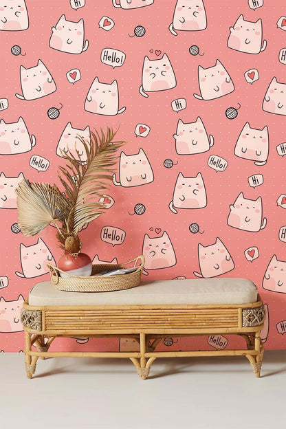 Cute Cat Pink Whimsical Mural Wallpaper