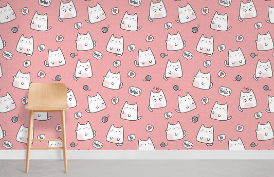 Cute Cat Pink Whimsical Mural Wallpaper