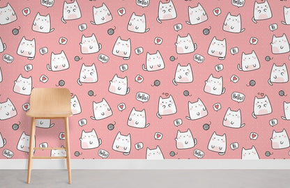 Cute Cat Pink Whimsical Mural Wallpaper