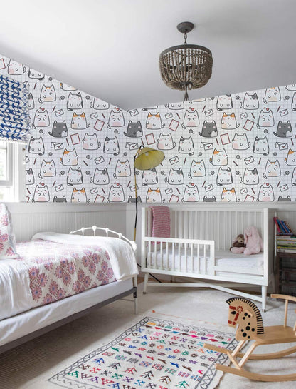 Cute Cat Cartoon Playful Mural Wallpaper in bedroom