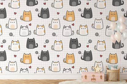 Cute Cat Doodle Pattern Mural Wallpaper in child's room