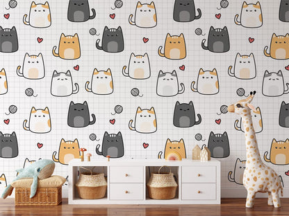 Cute Cat Doodle Pattern Mural Wallpaper in child's room
