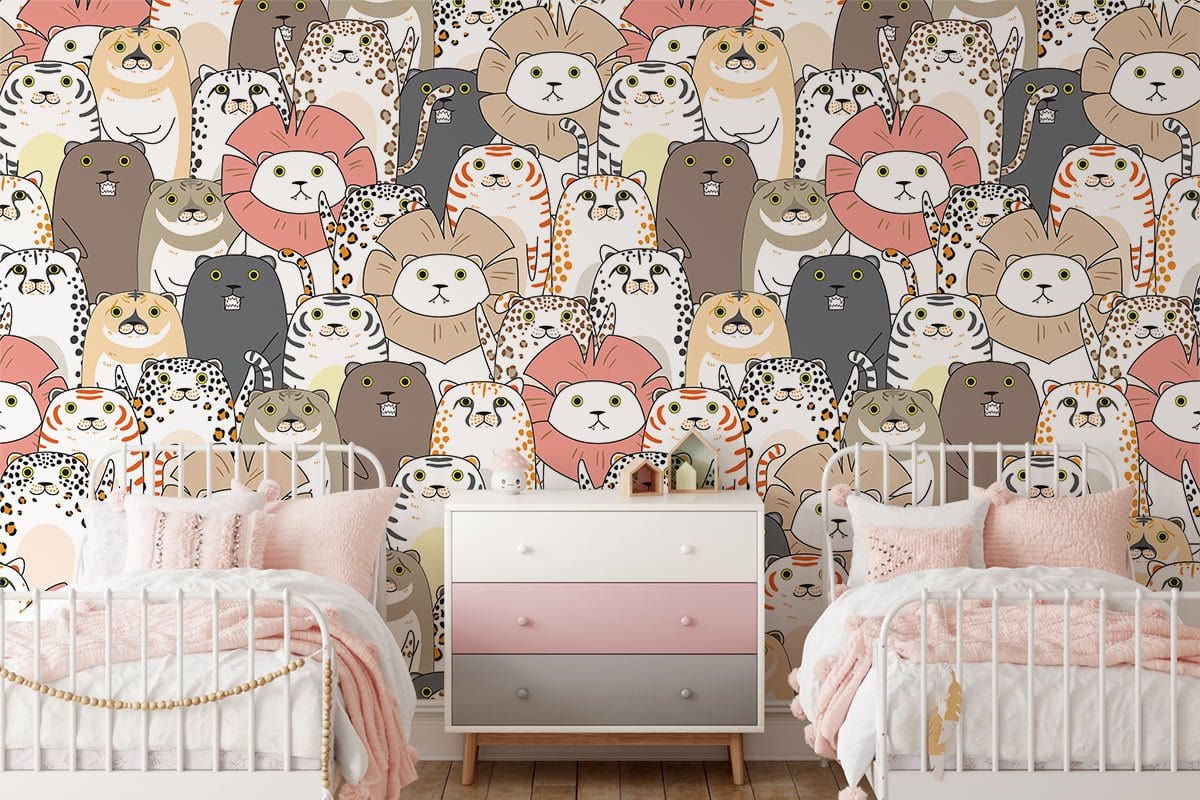 Whimsical Cat Cartoon Pattern Mural Wallpaper in bedroom