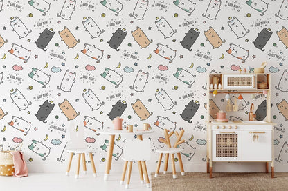 Cute Cat Cartoon Kids Mural Wallpaper in playroom