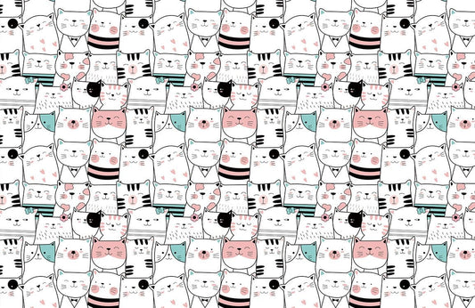 Whimsical Cat Pattern Kids Mural Wallpaper