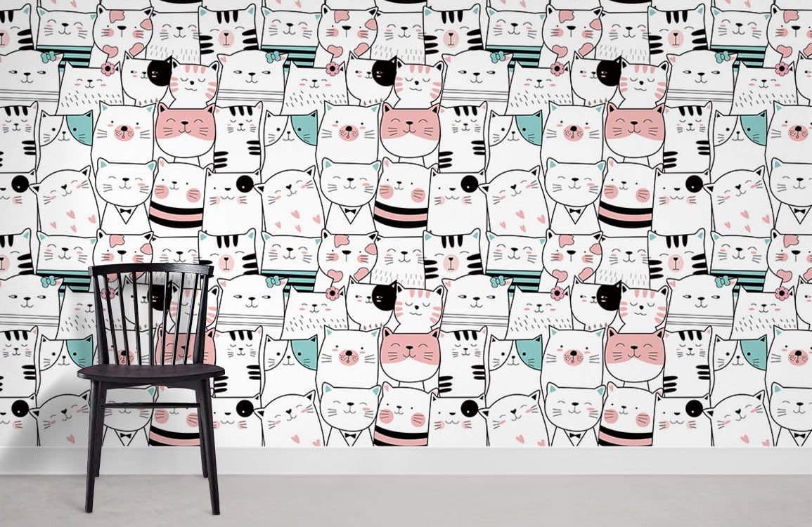 Whimsical Cat Pattern Kids Mural Wallpaper