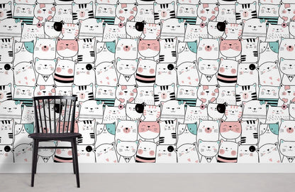 Whimsical Cat Pattern Kids Mural Wallpaper in playroom