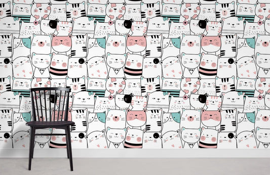 Whimsical Cat Pattern Kids Mural Wallpaper