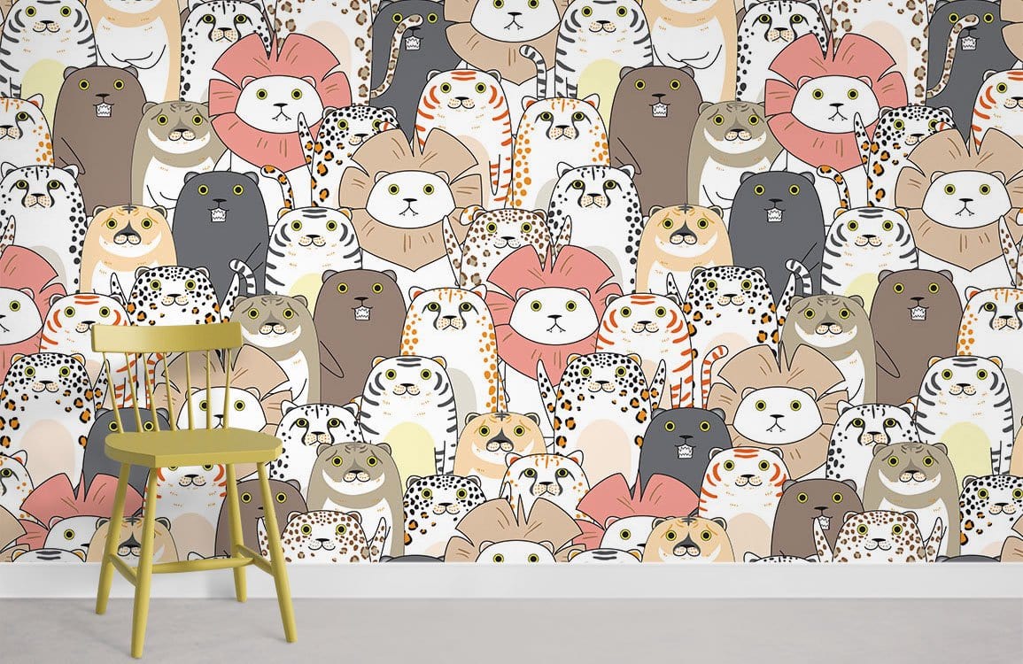 Whimsical Cat Cartoon Pattern Mural Wallpaper in playroom