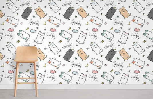 Cute Cat Cartoon Kids Mural Wallpaper in playroom
