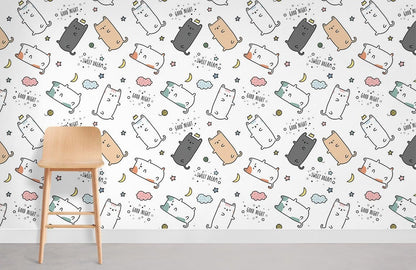 Cute Cat Cartoon Kids Mural Wallpaper in playroom