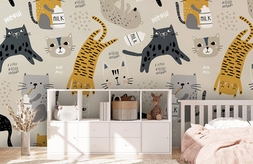 Playful Cat Pattern Nursery Mural Wallpaper