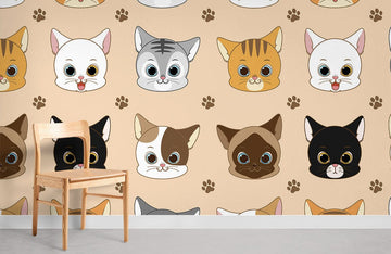 Adorable Cartoon Cat Faces Mural Wallpaper