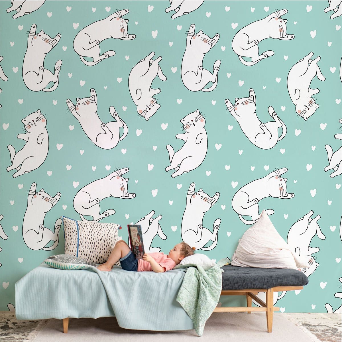 Playful Cat Illustration Nursery Wallpaper Mural in bedroom