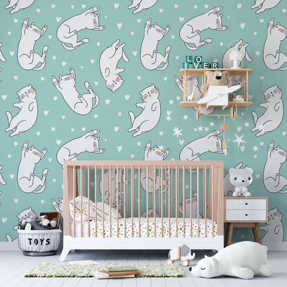 Playful Cat Illustration Nursery Wallpaper Mural in nursery