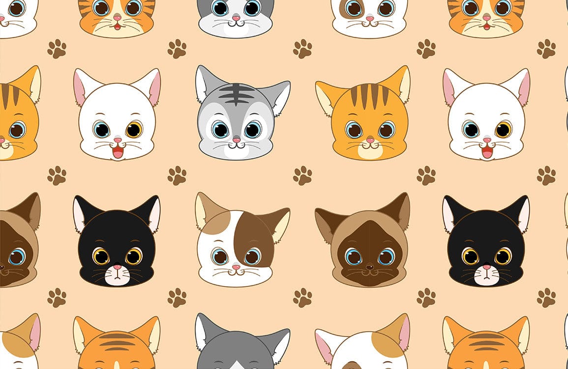 Adorable Cartoon Cat Faces Mural Wallpaper