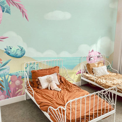 Whimsical Dinosaur Beach Mural Wallpaper in bedroom