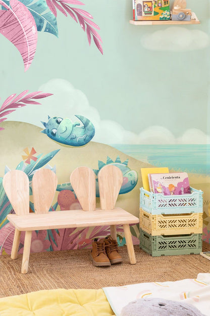 Whimsical Dinosaur Beach Mural Wallpaper in child's room