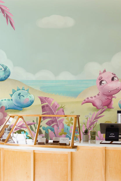 Whimsical Dinosaur Beach Mural Wallpaper in cafe or bakery counter