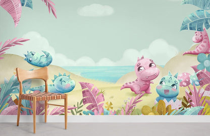 Whimsical Dinosaur Beach Mural Wallpaper in child's room