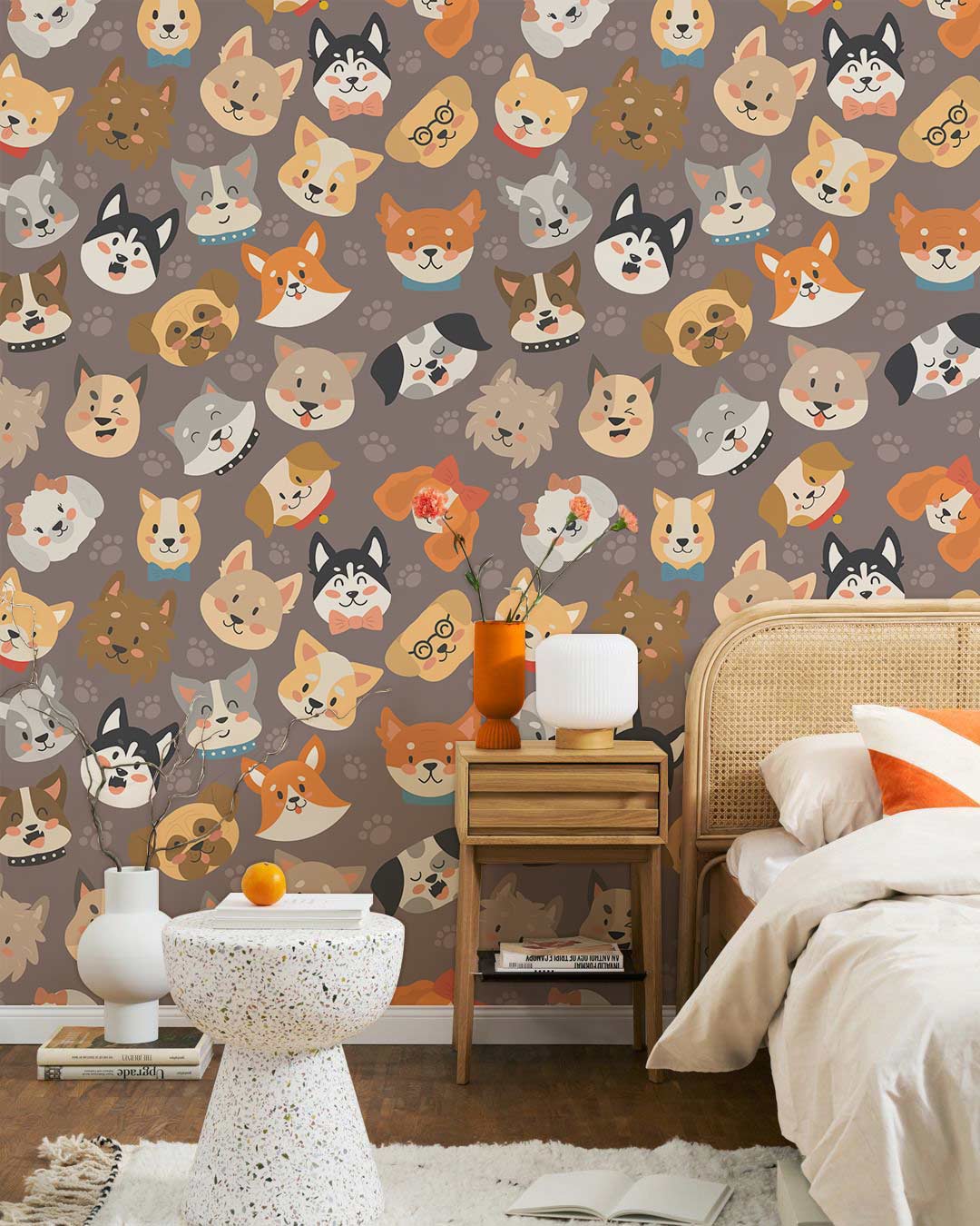 Colorful Playful Cat Pattern Mural Wallpaper in bedroom