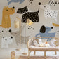 Wallpaper mural with a cartoon dog pattern, ideal for use in decorating a nursery.