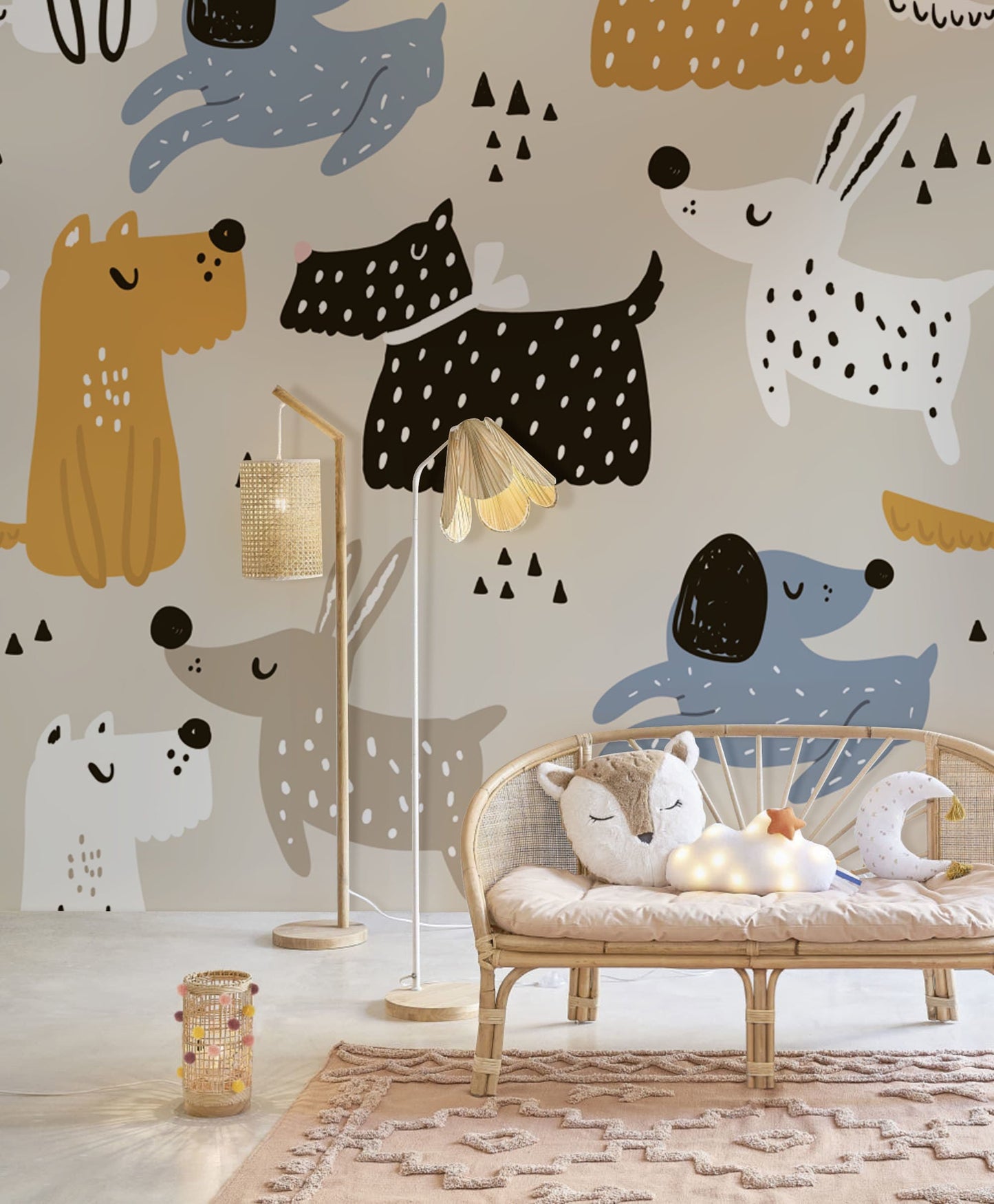 Wallpaper mural with a cartoon dog pattern, ideal for use in decorating a nursery.