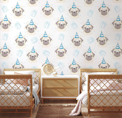 Cute Birthday Pug Pattern Mural Wallpaper in bedroom