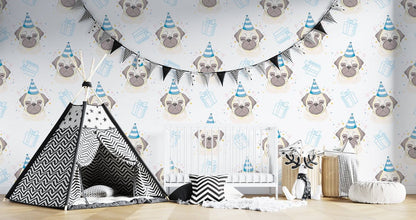 Cute Birthday Pug Pattern Mural Wallpaper in child's room