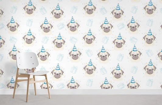 Cute Birthday Pug Pattern Mural Wallpaper