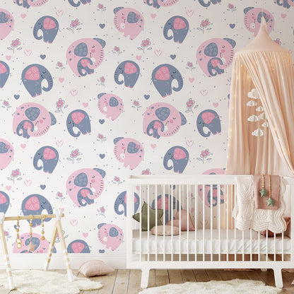 Cute Pink Elephant Playful Nursery Mural Wallpaper in nursery