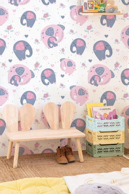 Cute Pink Elephant Playful Nursery Mural Wallpaper in children's room
