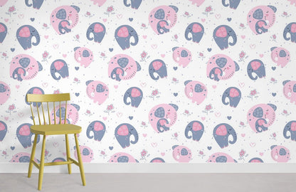 Cute Pink Elephant Playful Nursery Mural Wallpaper in child's room