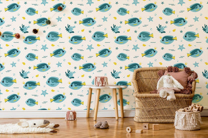 Playful Underwater Fish Kids Mural Wallpaper in children's room