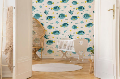 Playful Underwater Fish Kids Mural Wallpaper in nursery
