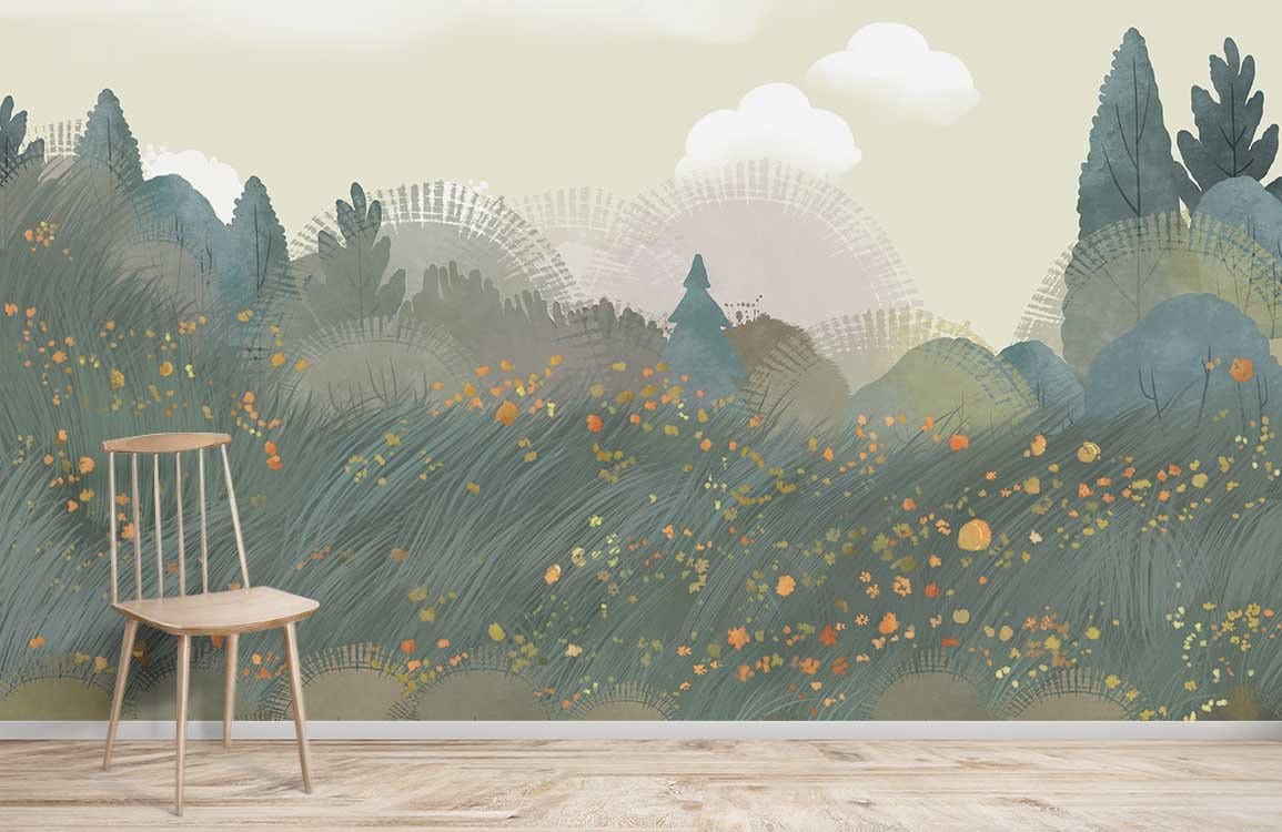 Wallpaper mural depicting a Cartoon Forest and Flowers in the Room