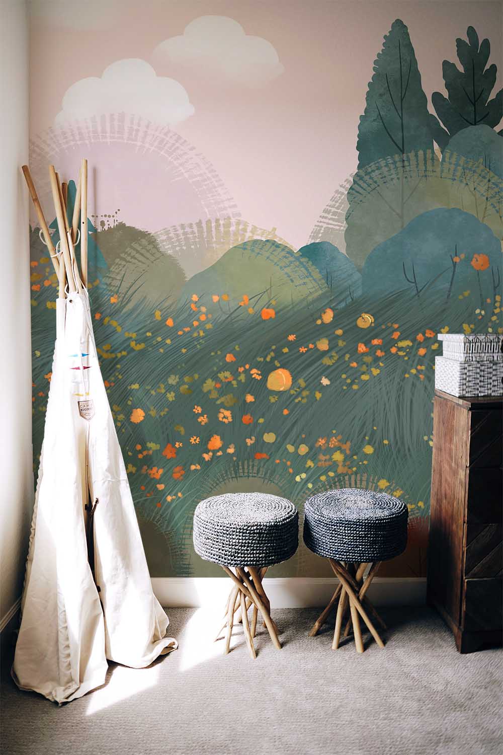 Home Decoration Wallpaper Mural Featuring a Cartoon Woodland and Floral Garden