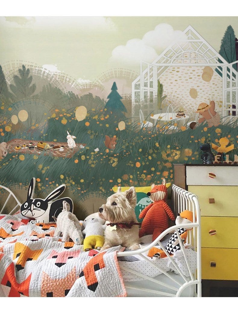 Wallpaper Mural with a Cartoon Forest and Flowers for the Nursery