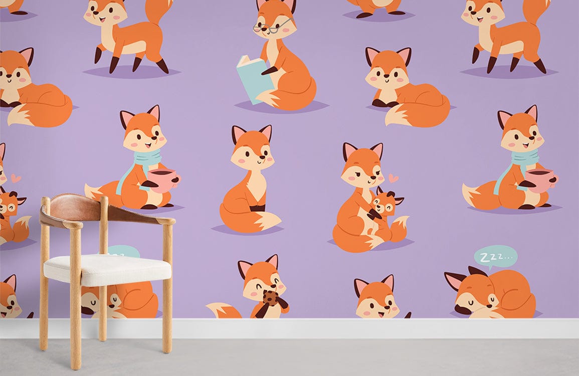 Cartoon Fox Animal Pattern Wallpaper for Kids