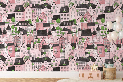 Whimsical Pink Townhouse Illustrative Mural Wallpaper in child's room