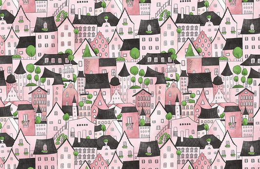 Whimsical Pink Townhouse Illustrative Mural Wallpaper