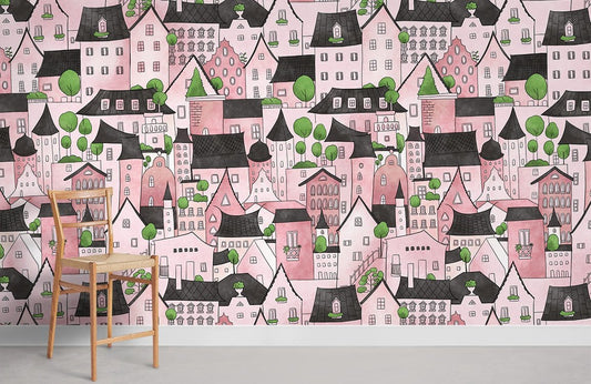 Whimsical Pink Townhouse Illustrative Mural Wallpaper