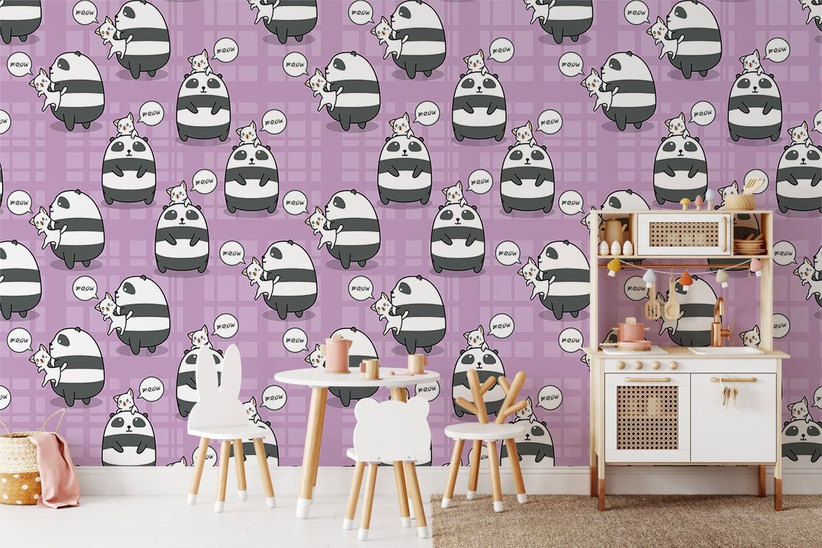 Playful Panda Cartoon Pattern Mural Wallpaper in playroom