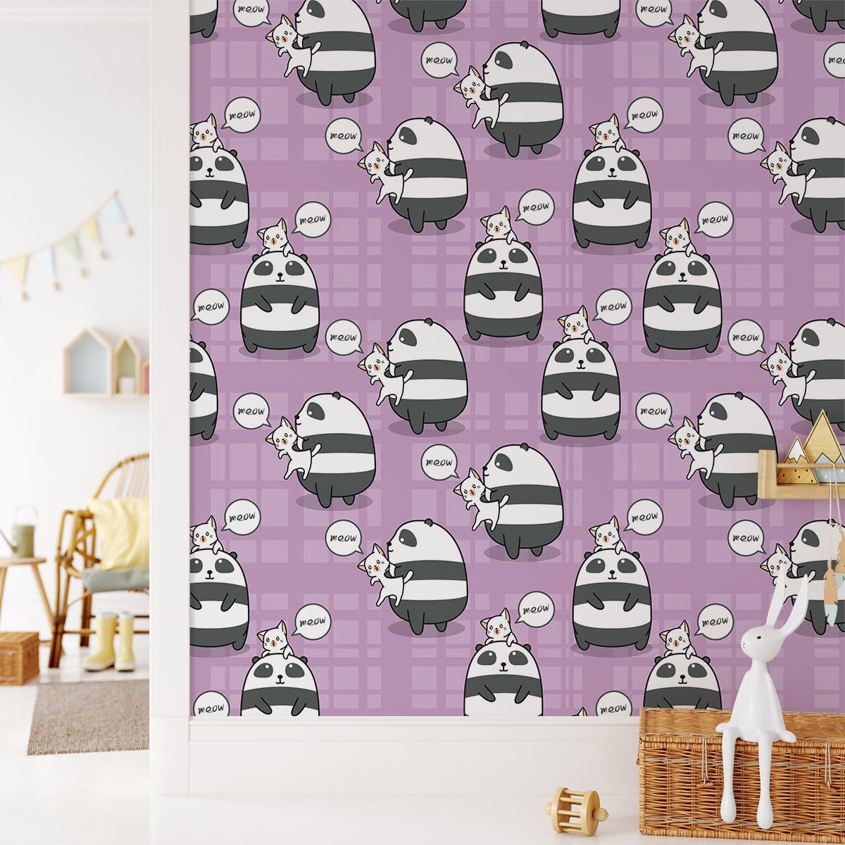 Playful Panda Cartoon Pattern Mural Wallpaper in children's room