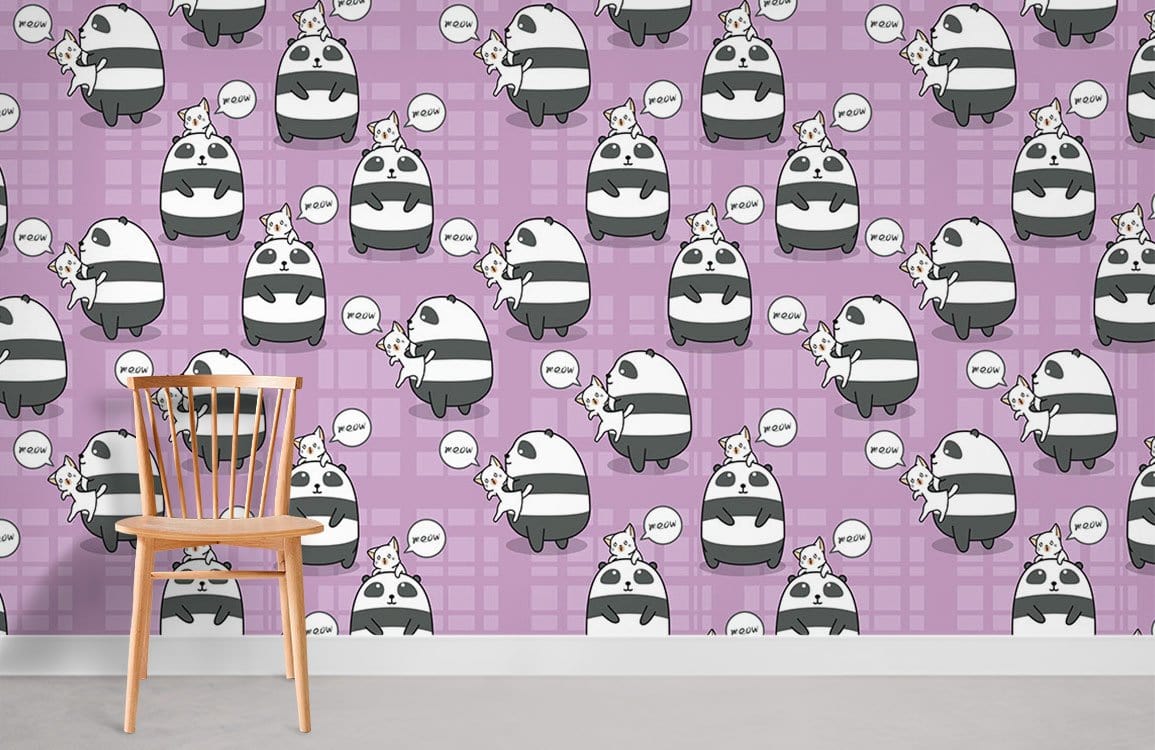 Playful Panda Cartoon Pattern Mural Wallpaper in playroom