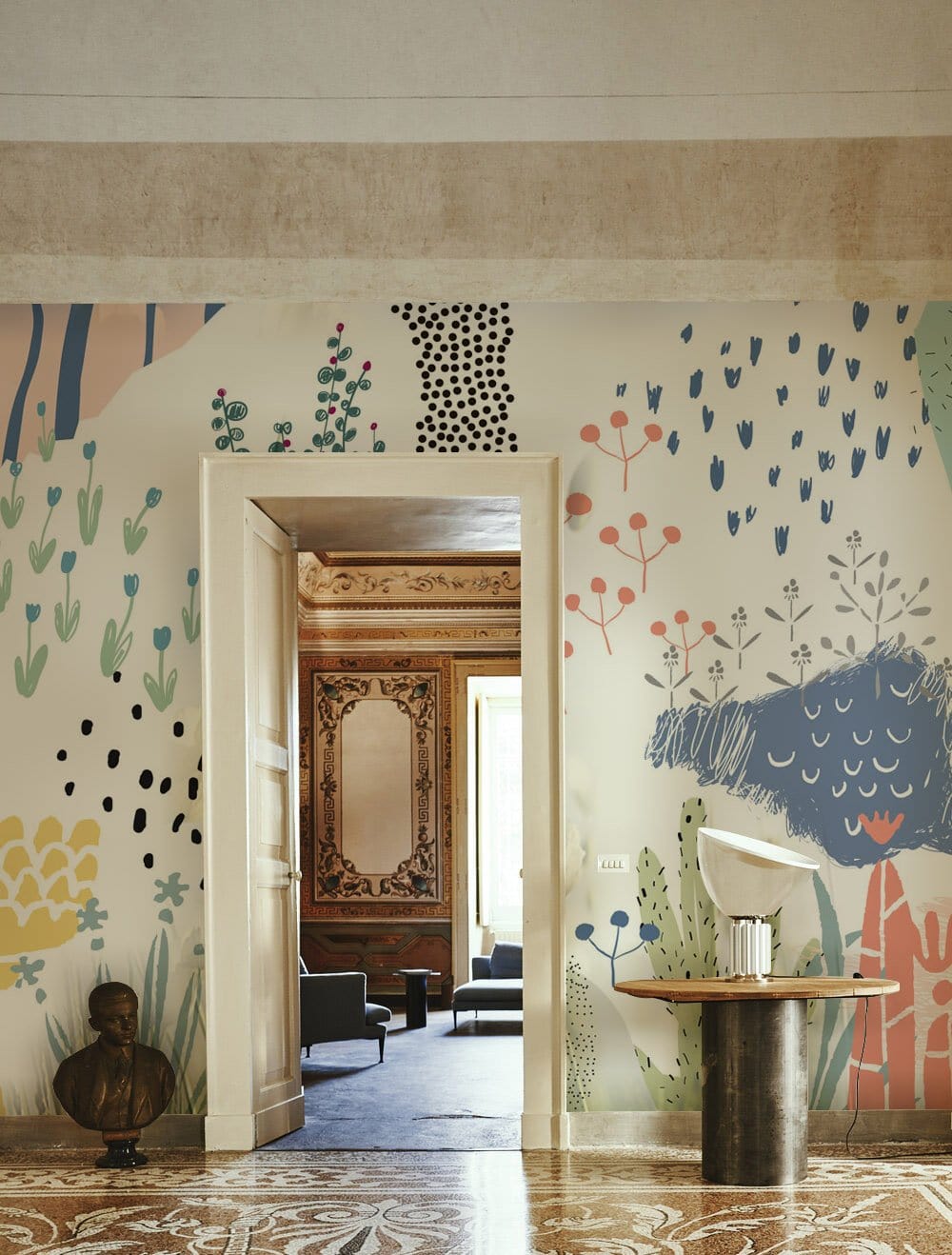 Wallpaper mural with a cartoon plant pattern, perfect for use as a decoration in the hallway