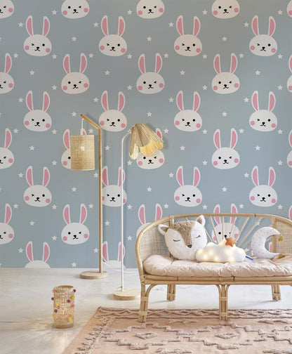 Cute Bunny Star Grey Children Mural Wallpaper in bedroom
