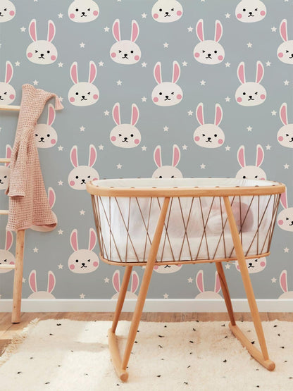 Cute Bunny Star Grey Children Mural Wallpaper in nursery